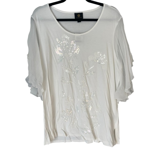 JM Collection Tops - NWT JM Collection Beach Bliss Flowy Shoulder Ruffle Floral Sequin Shirt Top